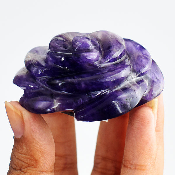 Exclusive  391.00 Carats  Genuine  Amethyst  Hand  Carved Rose  Flower  Gemstone  Carving