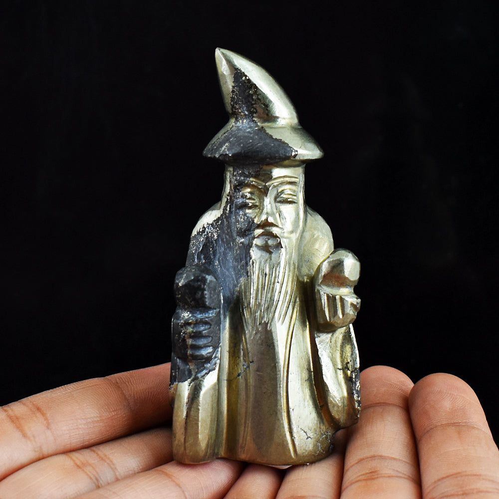 Exclusive  869.00 Carats Genuine Pyrite  Hand Carved Crystal Gemstone Wizard Carving