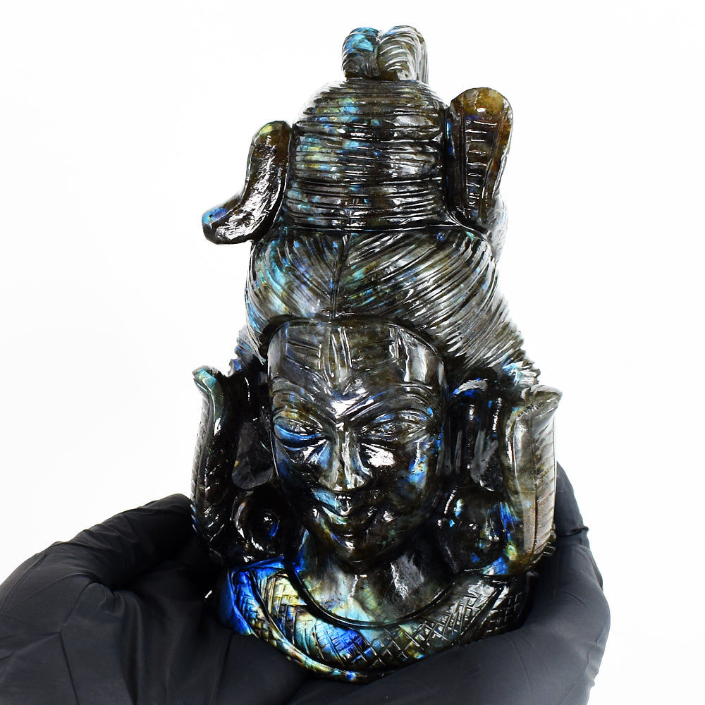 Brilliant  7804.00 Cts Genuine Blue Flash Labradorite Hand Carved Gemstone Shiva Head Carving
