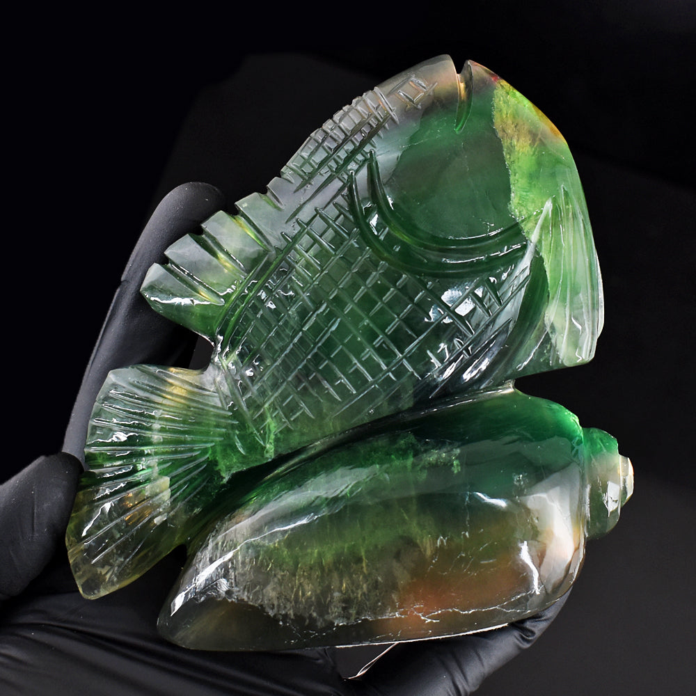 Artisian 2650.00 Cts Genuine Multicolor Fluorite Hand Carved Gemstone Fish Crystal Carving