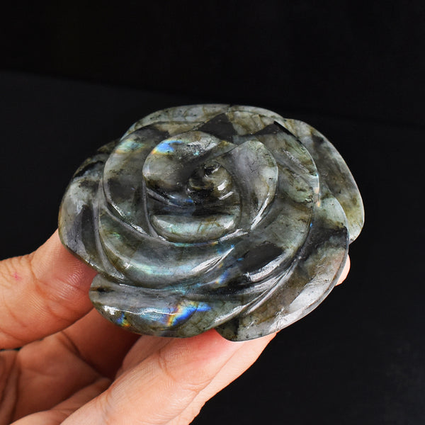 Exclusive 569.00 Cts Genuine Blue & Golden Flash Labradorite Hand Carved Rose Flower Gemstone Carving