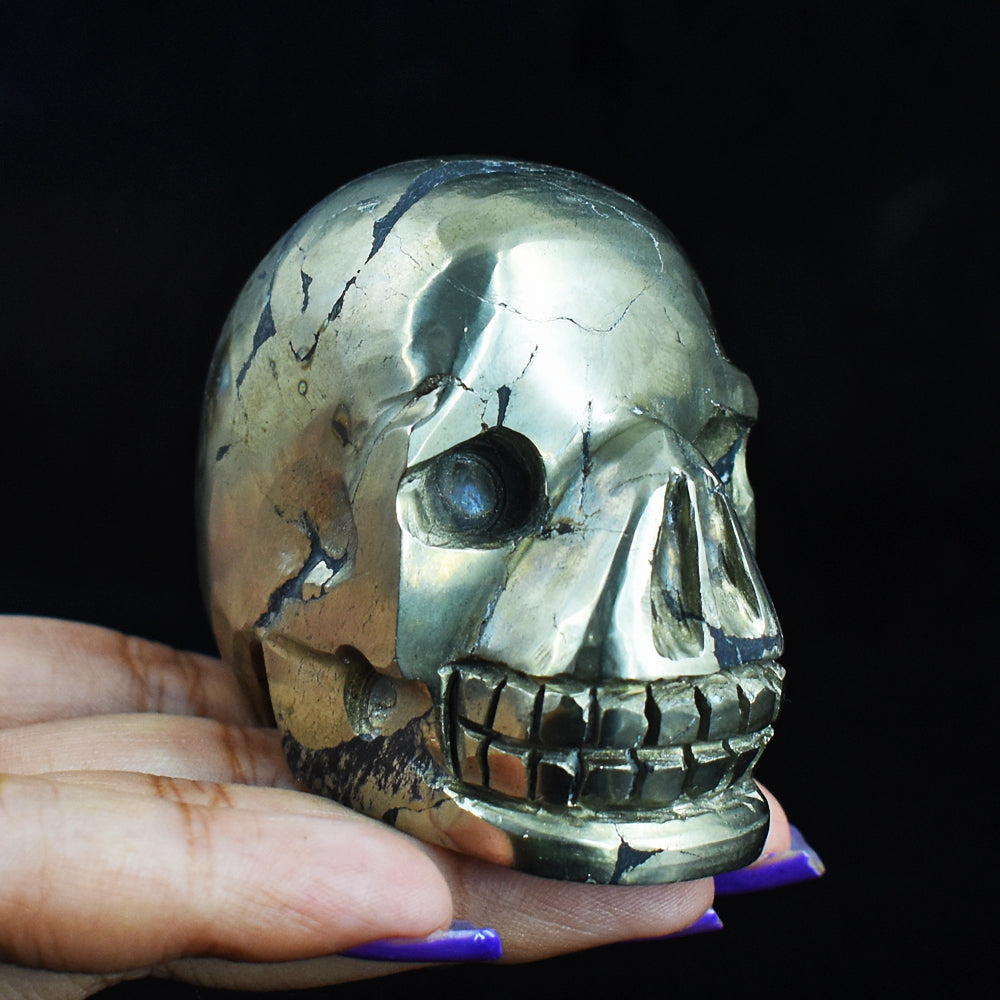 Exclusive  1360.00  Carats Genuine  Golden  Pyrite  Hand  Carved  Skull  Gemstone  Carving