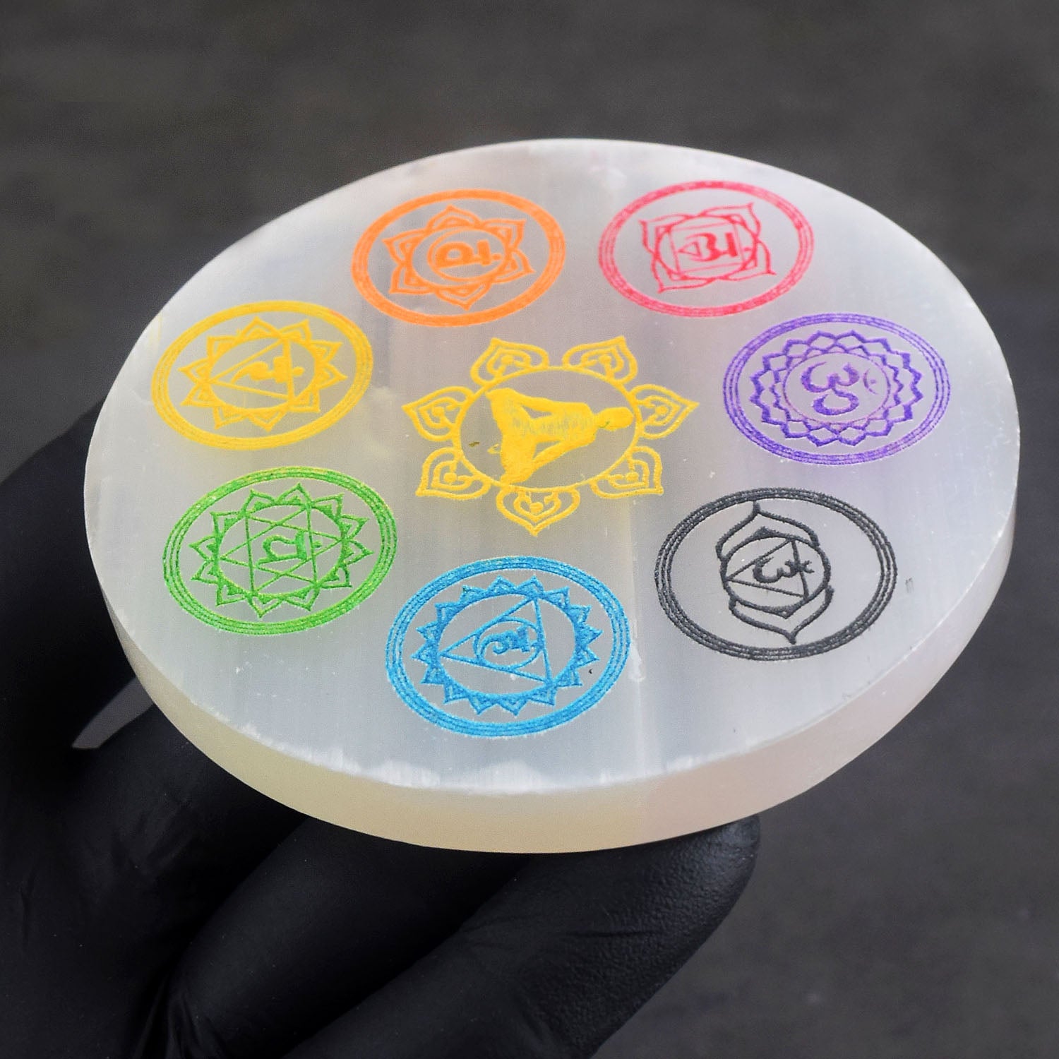 Artisian 3 Inches 404.00 Cts Genuine Selenite Seven Chakra Crystal Healing Coaster