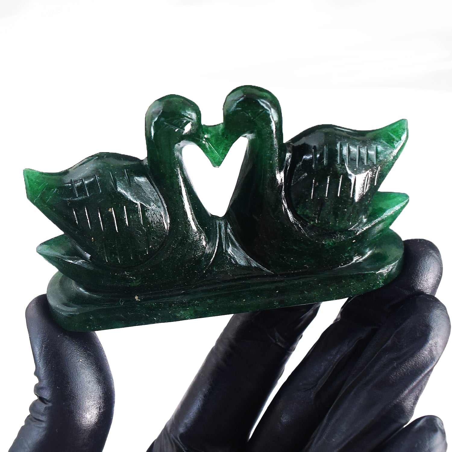 Elegant 684.00 Cts Genuine Green Jade Love Carved Premium Swan Pair