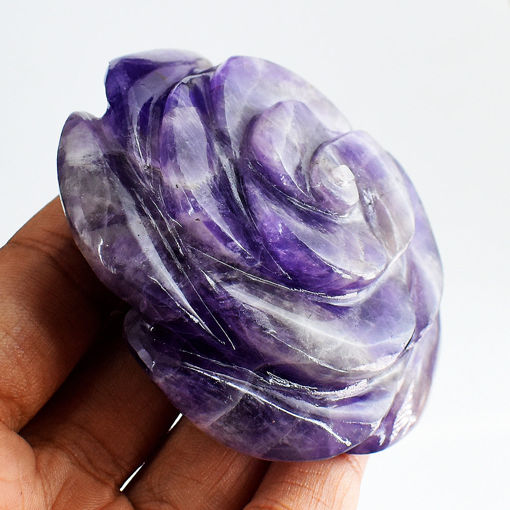 Exclusive  658.00 Carats  Genuine  Amethyst  Hand  Carved Crystal  Rose Flower Gemstone Carving