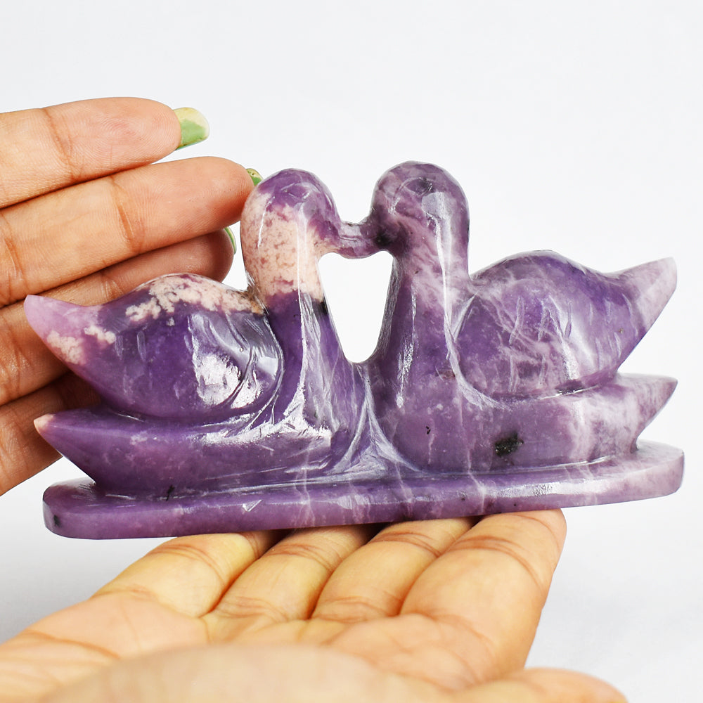 Amazing  949.00 Carats  Genuine Lepidolite  Hand Carved  Crystal Swan Pair Gemstone Carving