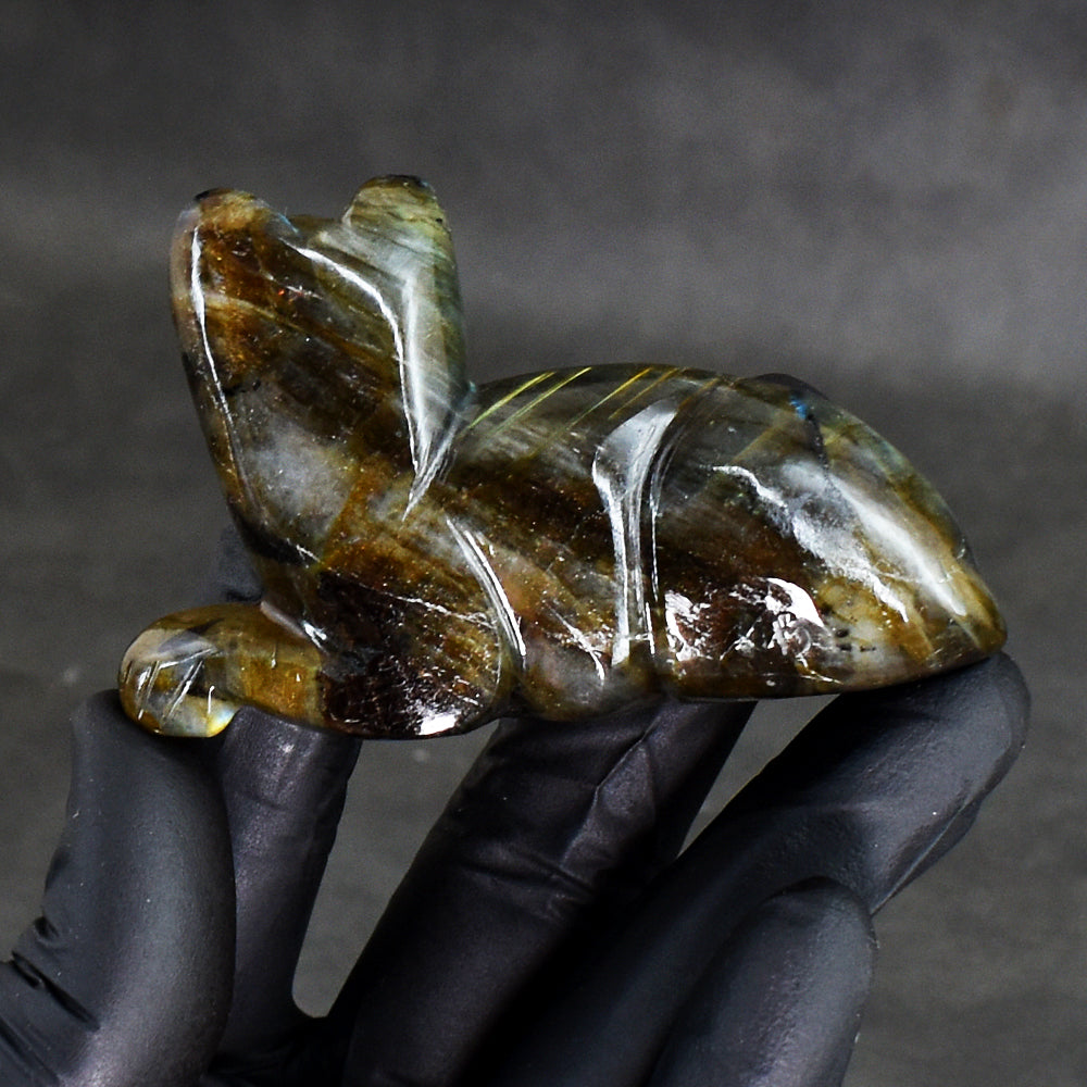 Awesome  438.00 Cts Genuine Amazing Flash Labradorite  Hand Carved Crystal Gemstone Cat Carving
