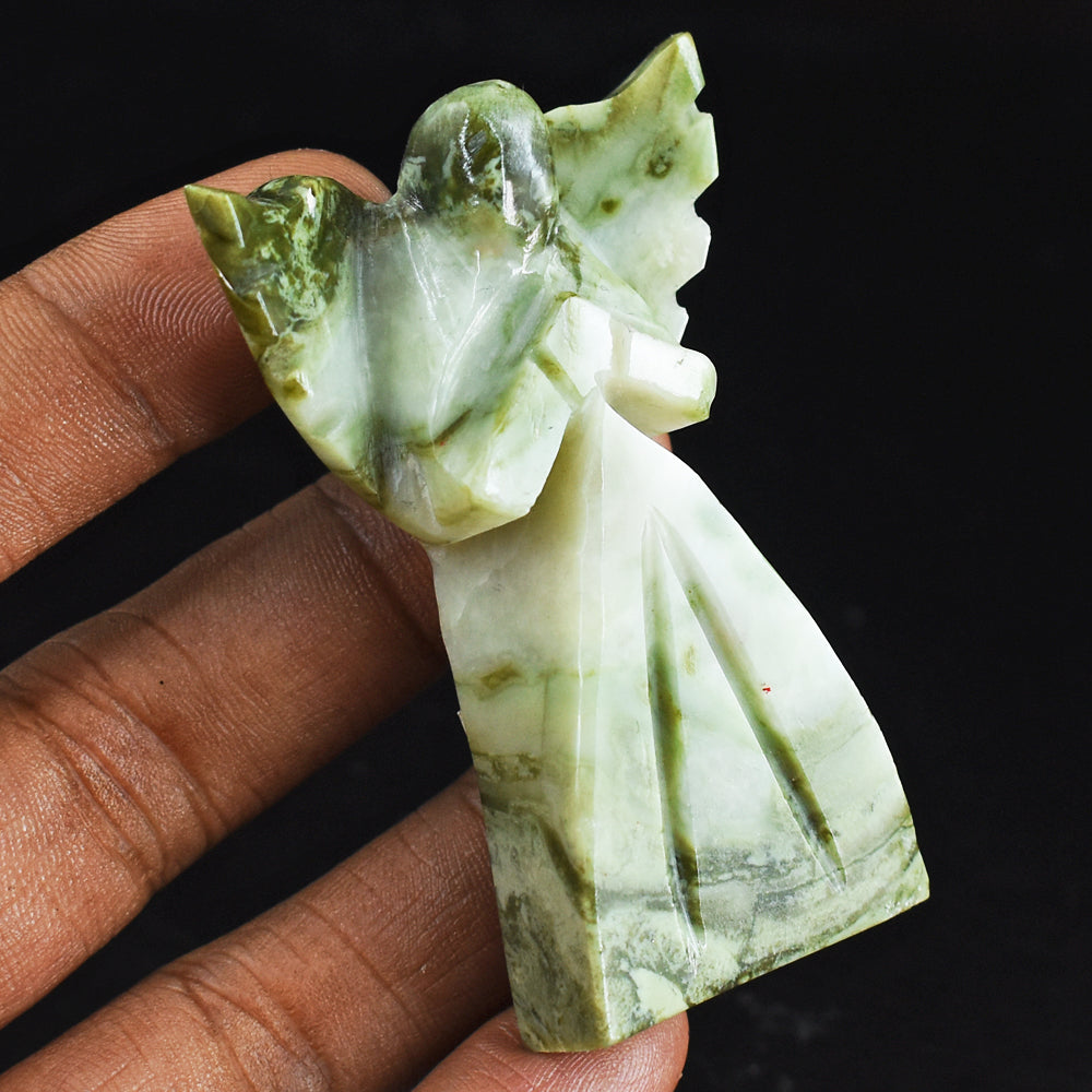 Beautiful 212.00 Carats Genuine Serpentine  Hand Carved Healing Praying Angel Gemstone Carving