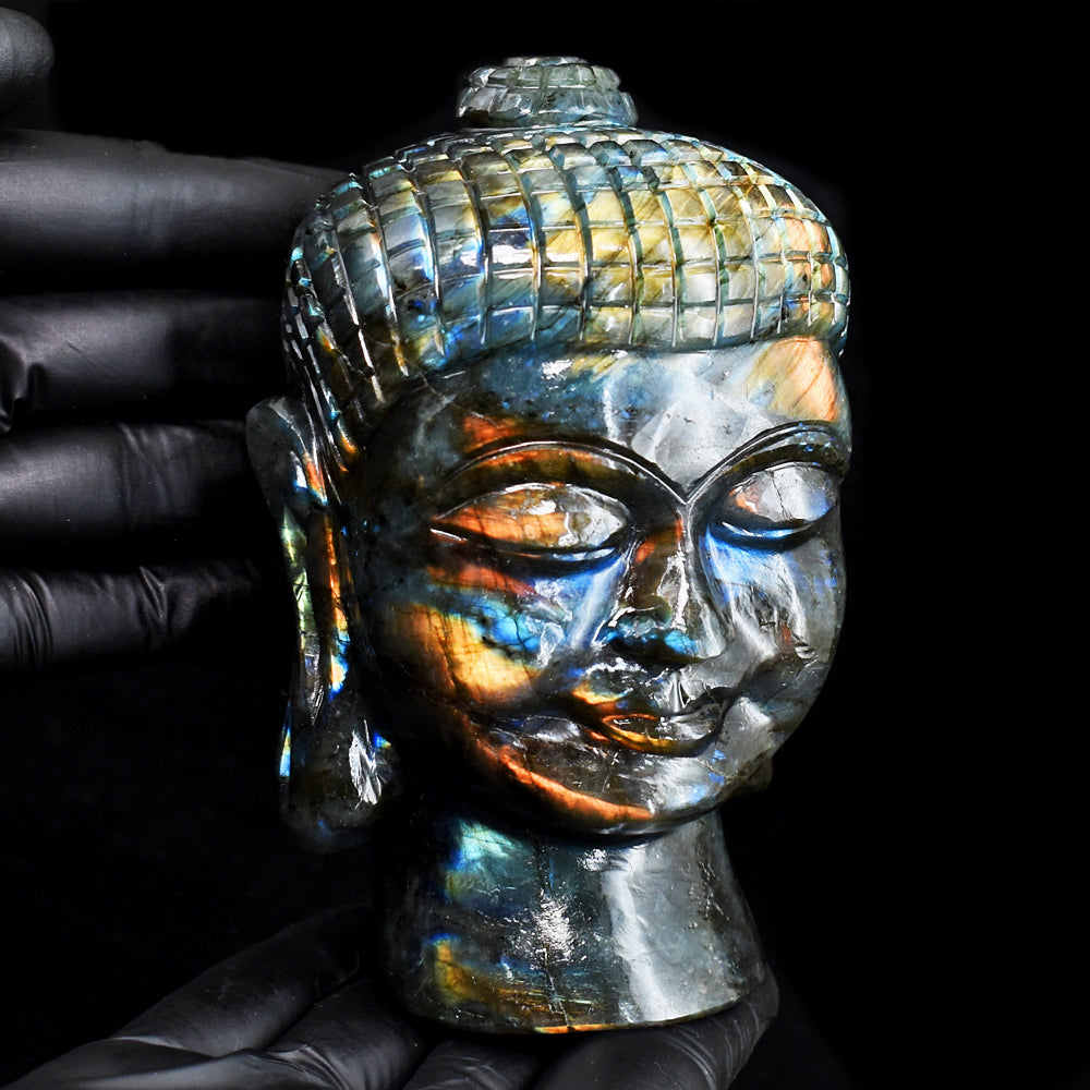 Natural 4406.00 Cts Genuine Amazing Flash Labradorite Hand Carved Buddha Head Gemstone Carving