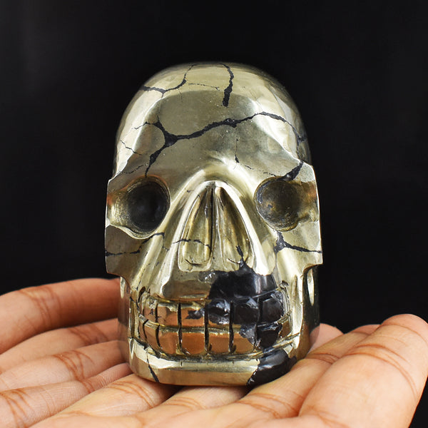 Craftsmen 2812.00 Carats  Genuine  Golden Pyrite Hand Carved Gemstone Skull Carving