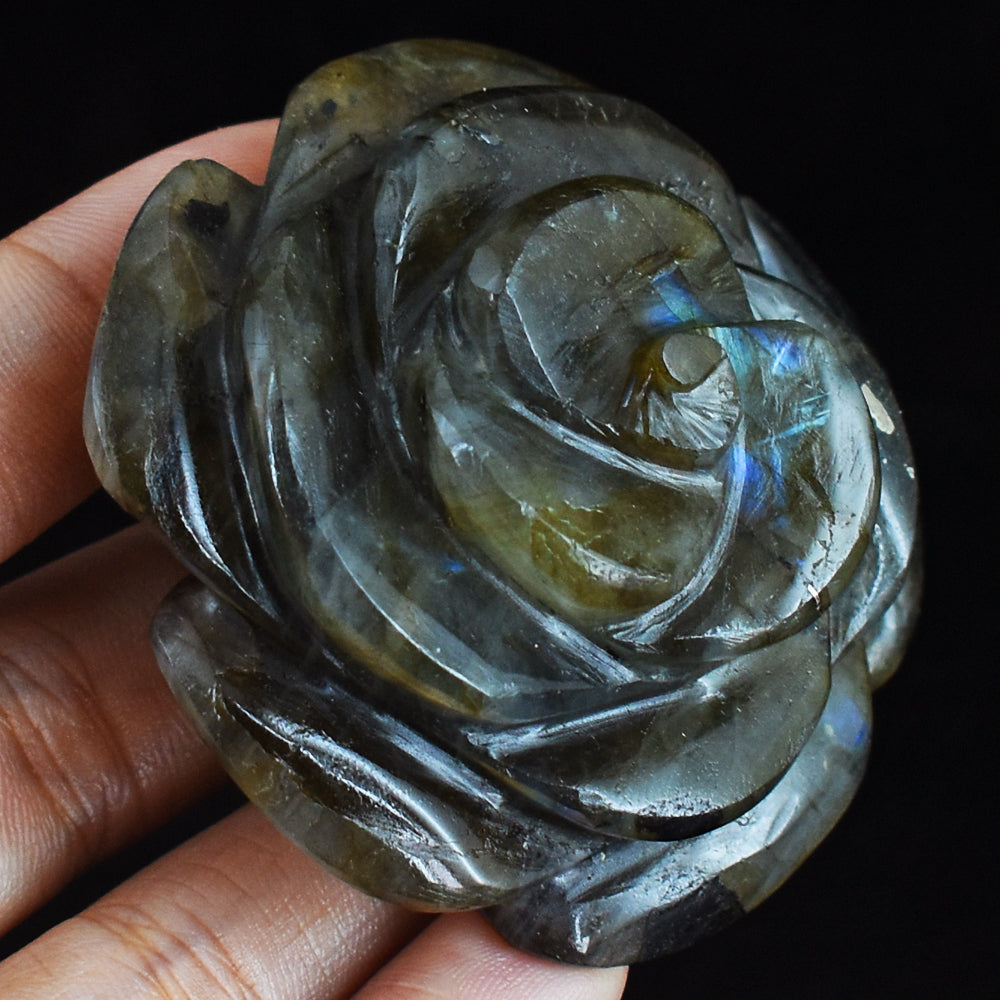 400.00 Carats  Genuine   Blue  Flash  Labradorite  Hand Carved  Gemstone  Rose  Flower  Carving