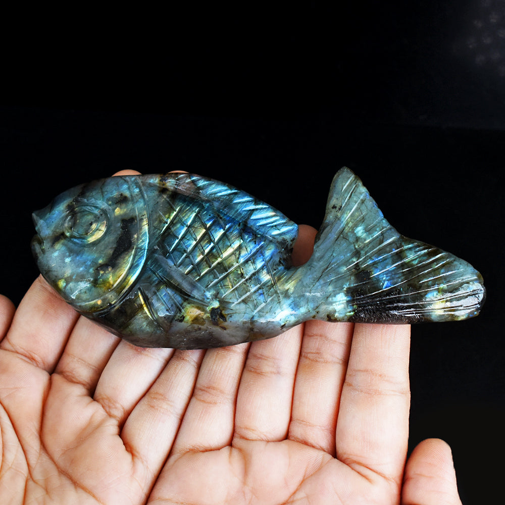 Fabulous 881.00 Carats  Genuine Amazing Flash Labradorite Hand Carved Crystal Gemstone Carving Fish