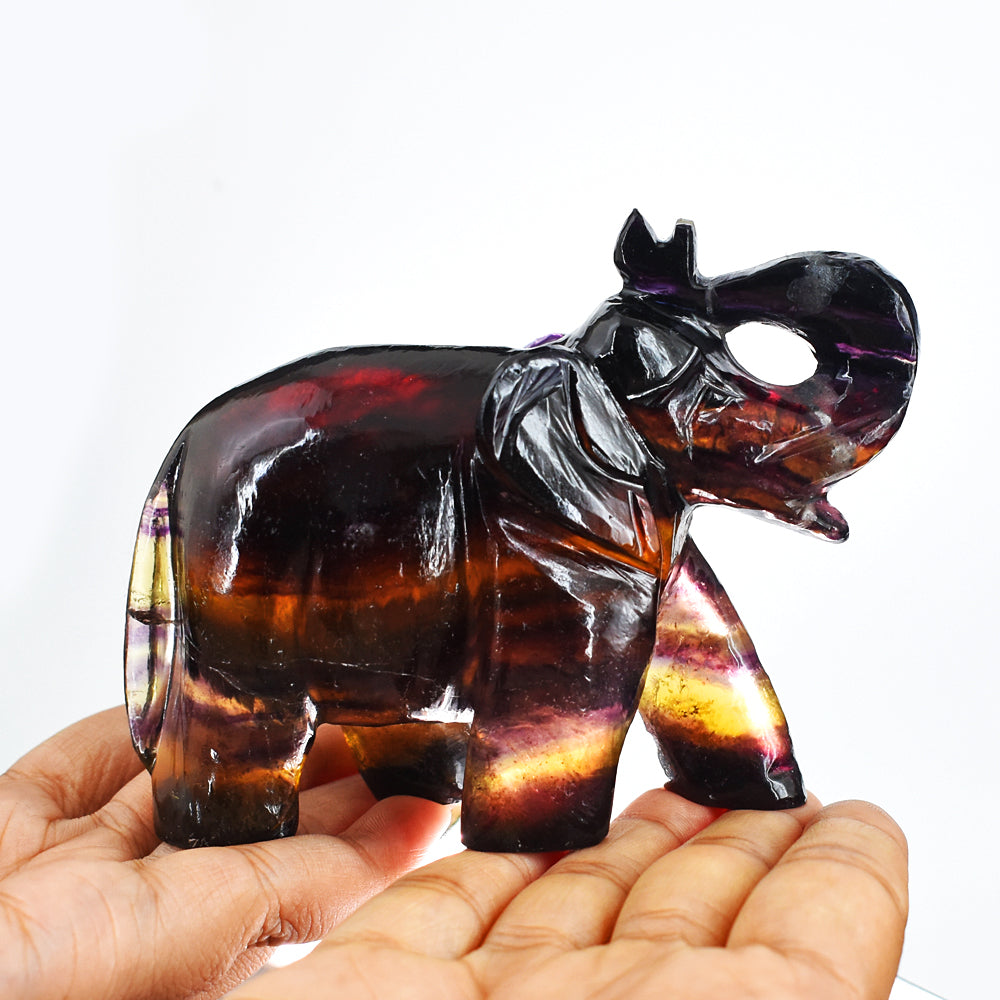 Beautiful  1766.00 Cts Genuine Multicolor Fluorite Hand Carved Crystal Gemstone Carving Elephant