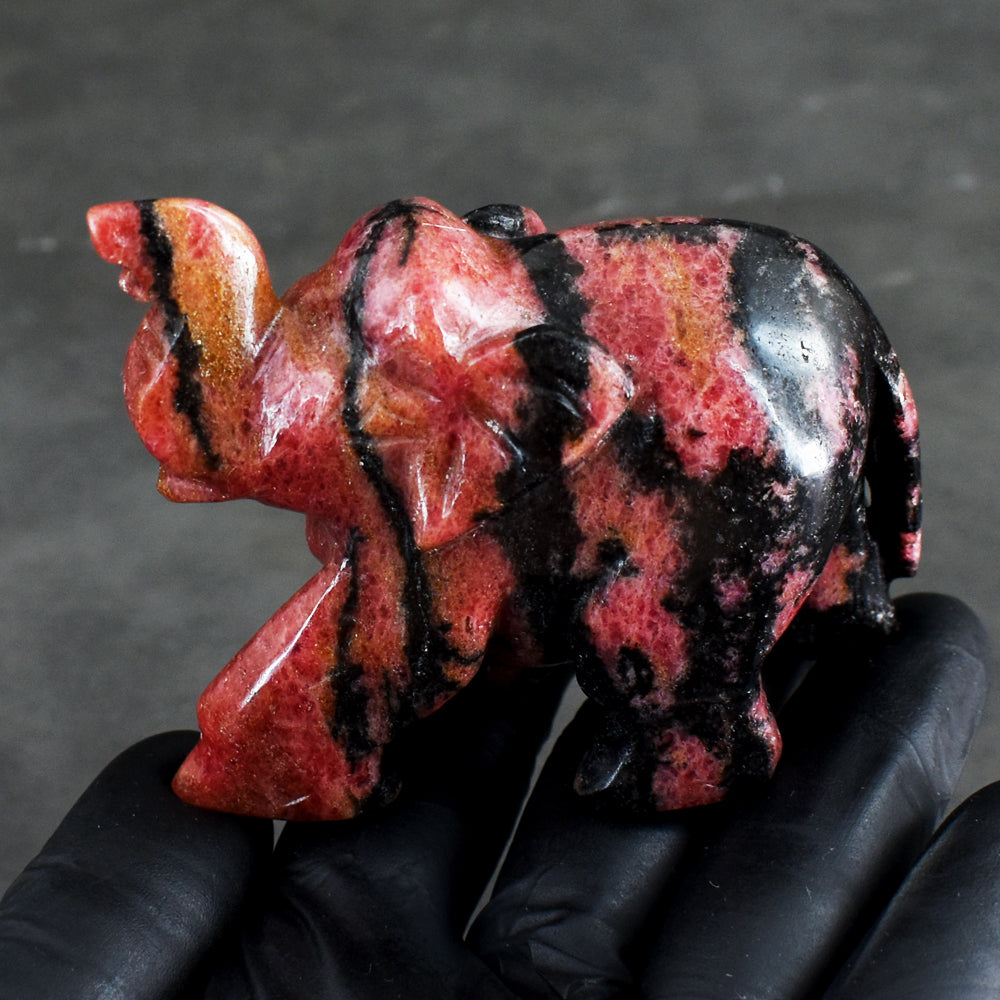 Genuine 1090.00 Cts Pink Rhodonite Hand Carved Crystal Gemstone Elephant Carving