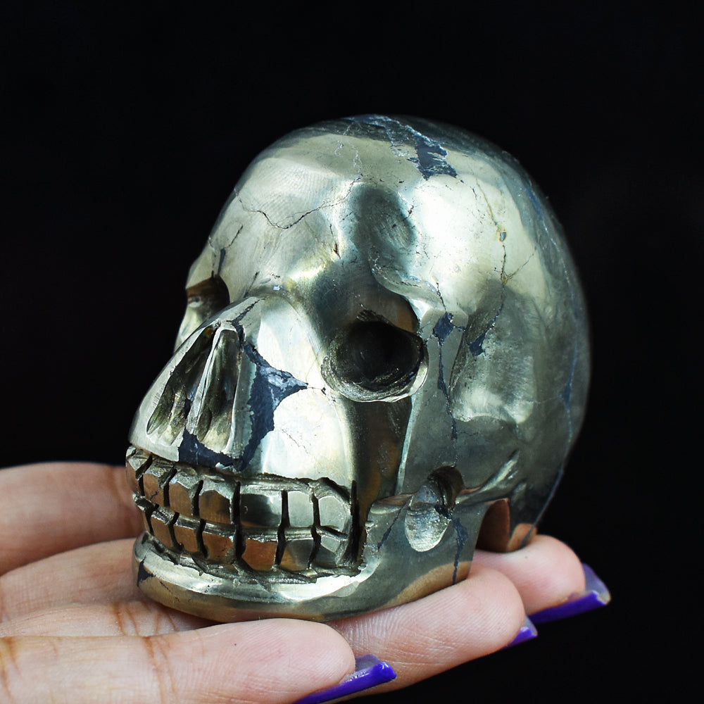 Exclusive  1360.00  Carats Genuine  Golden  Pyrite  Hand  Carved  Skull  Gemstone  Carving