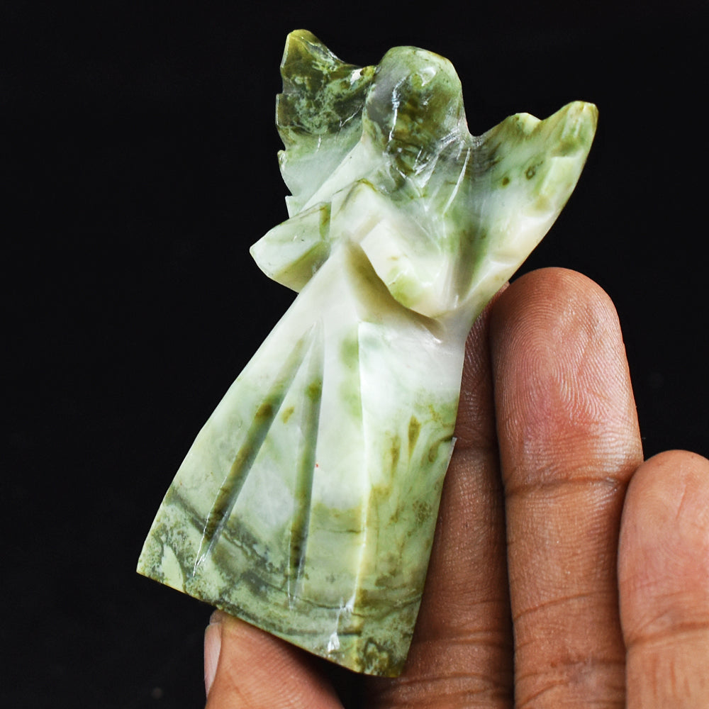 Beautiful 212.00 Carats Genuine Serpentine  Hand Carved Healing Praying Angel Gemstone Carving