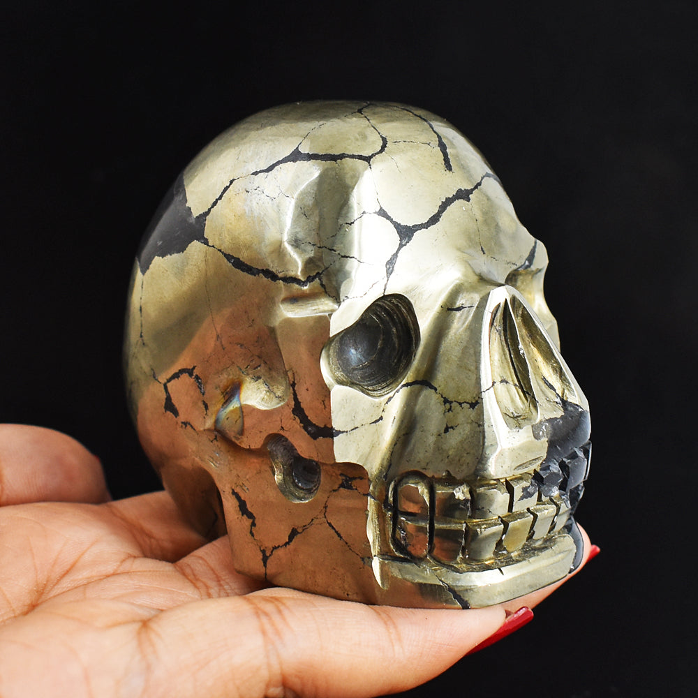 Craftsmen 2812.00 Carats  Genuine  Golden Pyrite Hand Carved Gemstone Skull Carving