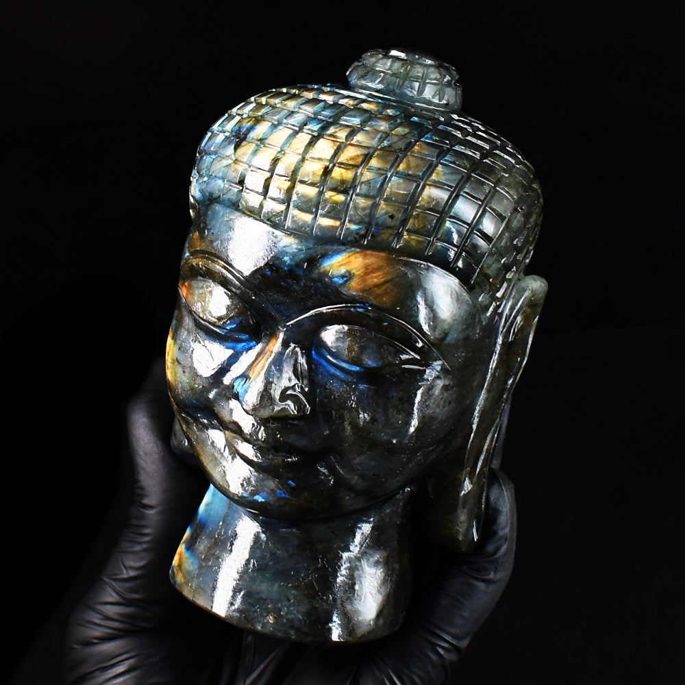 Natural 4406.00 Cts Genuine Amazing Flash Labradorite Hand Carved Buddha Head Gemstone Carving