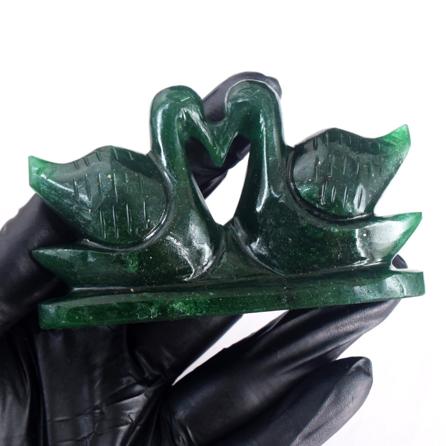 Elegant 684.00 Cts Genuine Green Jade Love Carved Premium Swan Pair