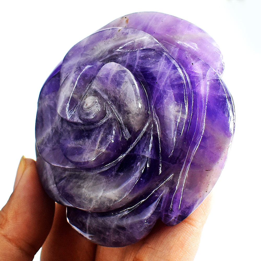 Exclusive  658.00 Carats  Genuine  Amethyst  Hand  Carved Crystal  Rose Flower Gemstone Carving