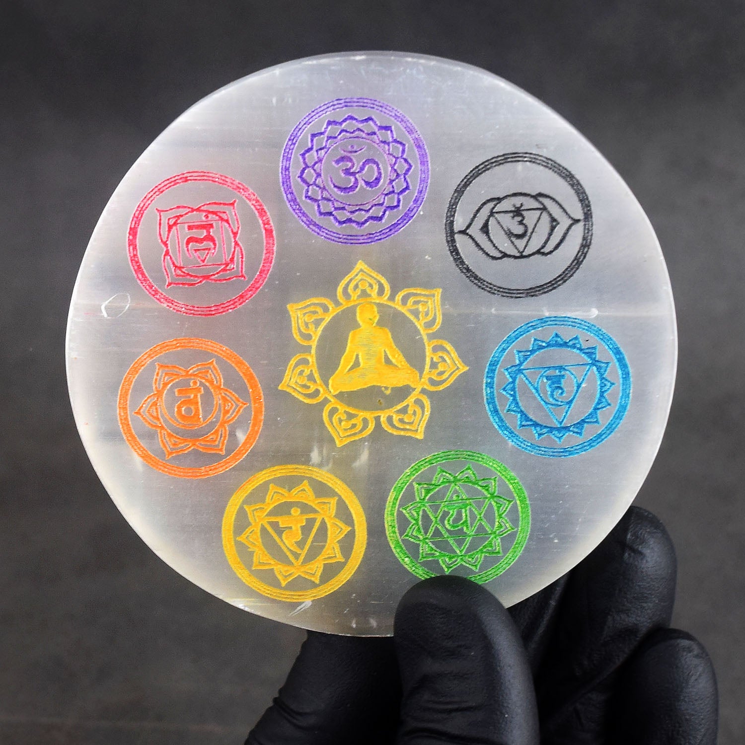 Artisian 3 Inches 404.00 Cts Genuine Selenite Seven Chakra Crystal Healing Coaster