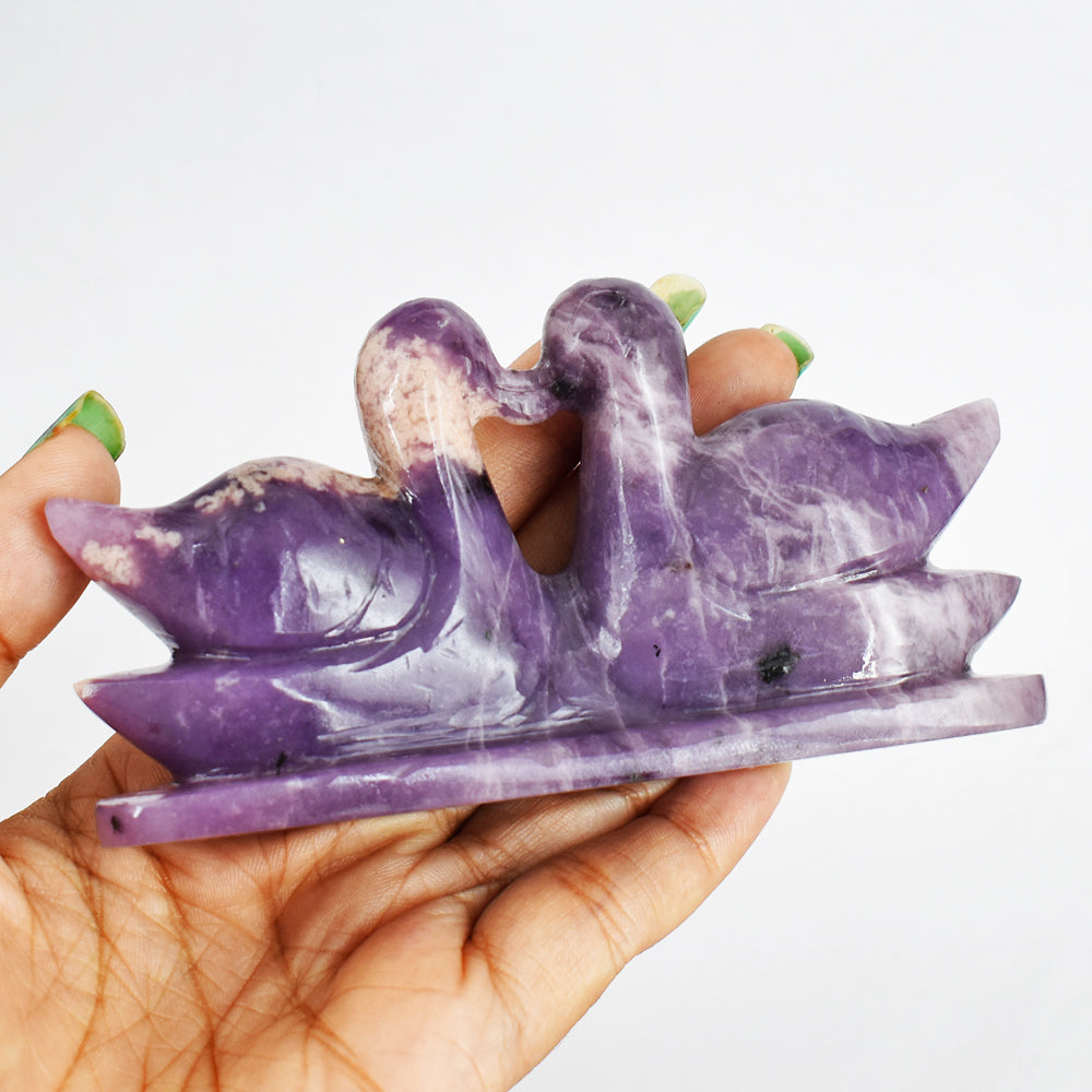 Amazing  949.00 Carats  Genuine Lepidolite  Hand Carved  Crystal Swan Pair Gemstone Carving