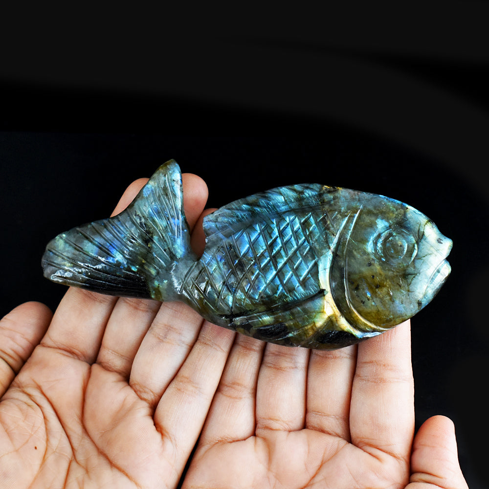 Fabulous 881.00 Carats  Genuine Amazing Flash Labradorite Hand Carved Crystal Gemstone Carving Fish