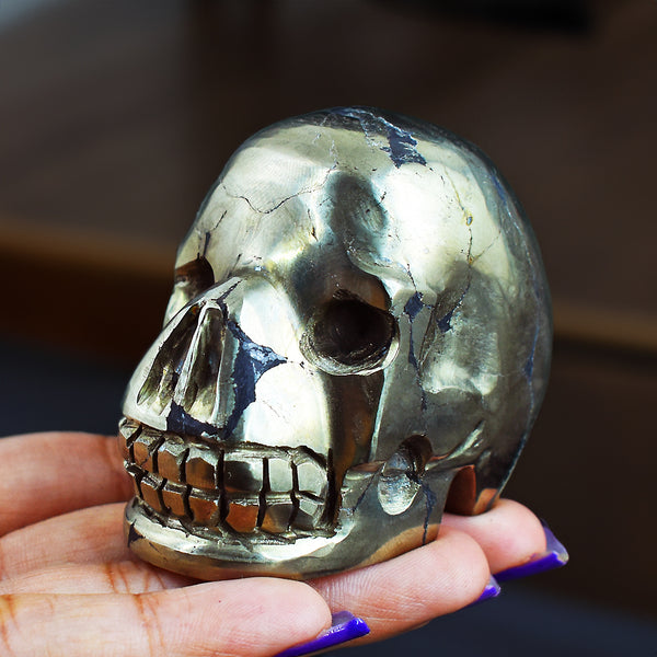 Exclusive  1360.00  Carats Genuine  Golden  Pyrite  Hand  Carved  Skull  Gemstone  Carving