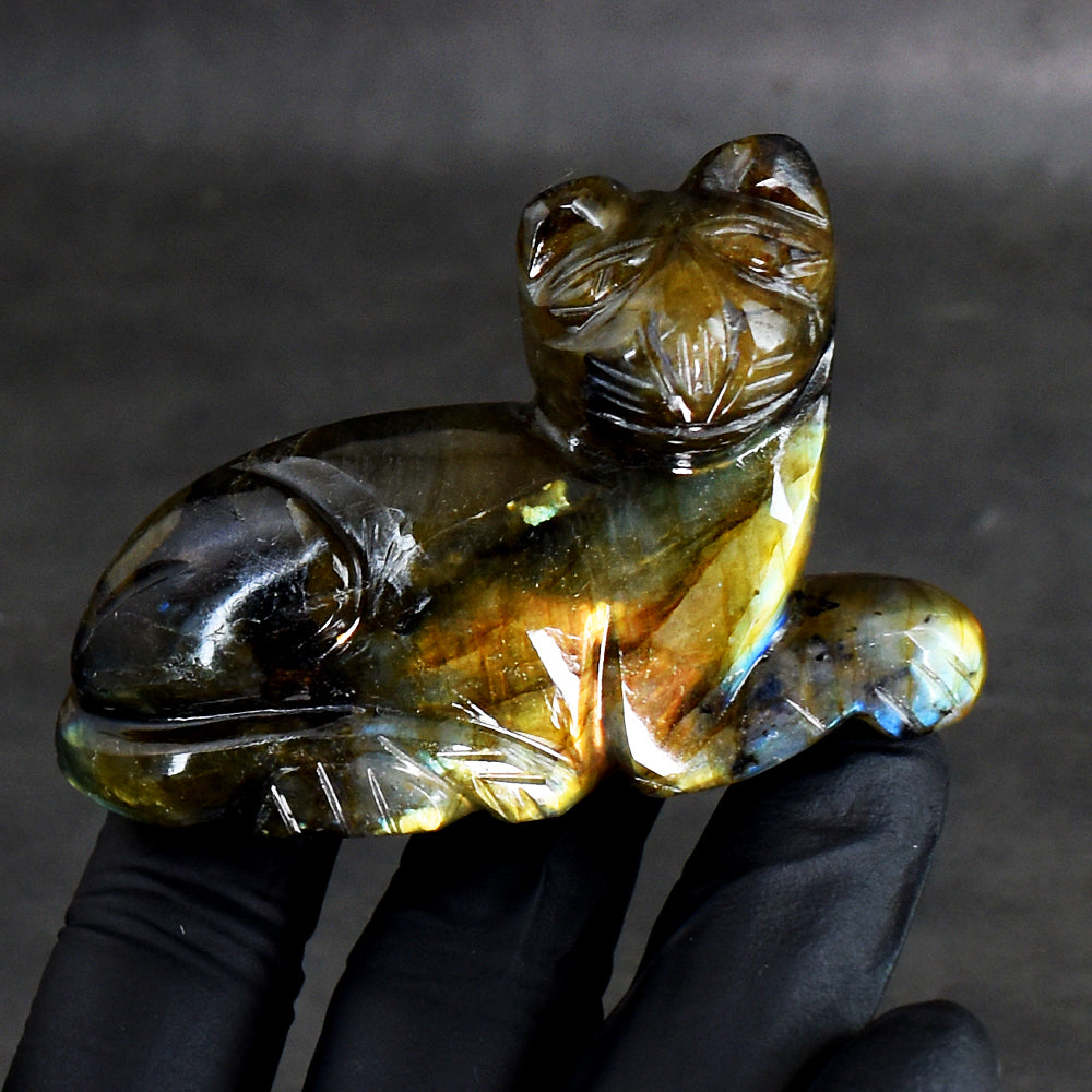 Awesome  438.00 Cts Genuine Amazing Flash Labradorite  Hand Carved Crystal Gemstone Cat Carving