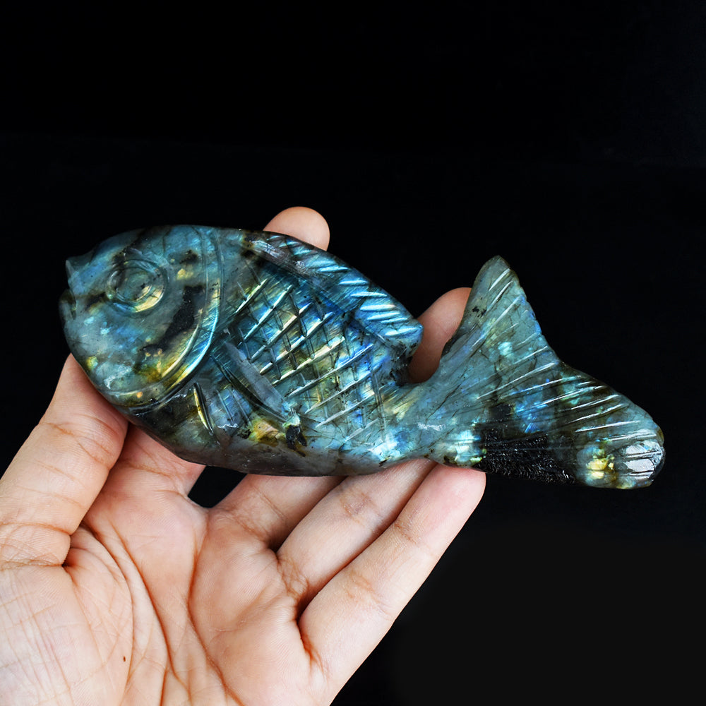 Fabulous 881.00 Carats  Genuine Amazing Flash Labradorite Hand Carved Crystal Gemstone Carving Fish