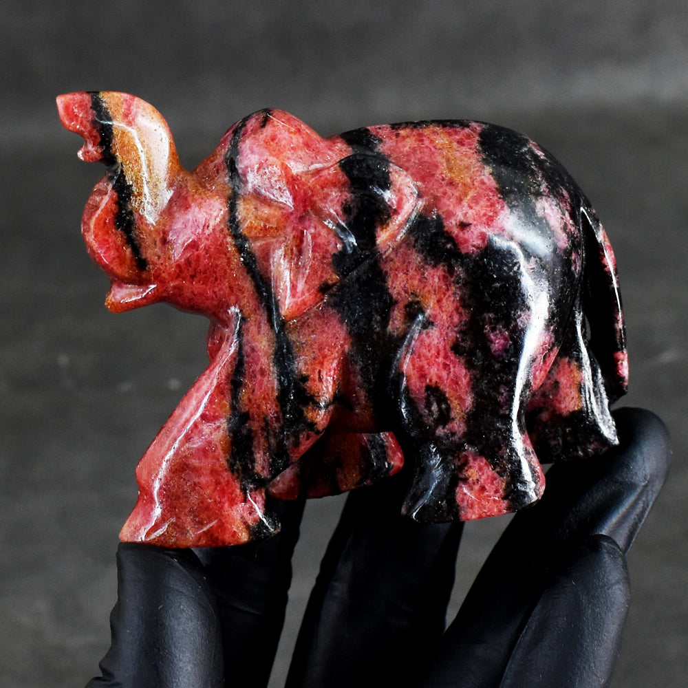 Genuine 1090.00 Cts Pink Rhodonite Hand Carved Crystal Gemstone Elephant Carving