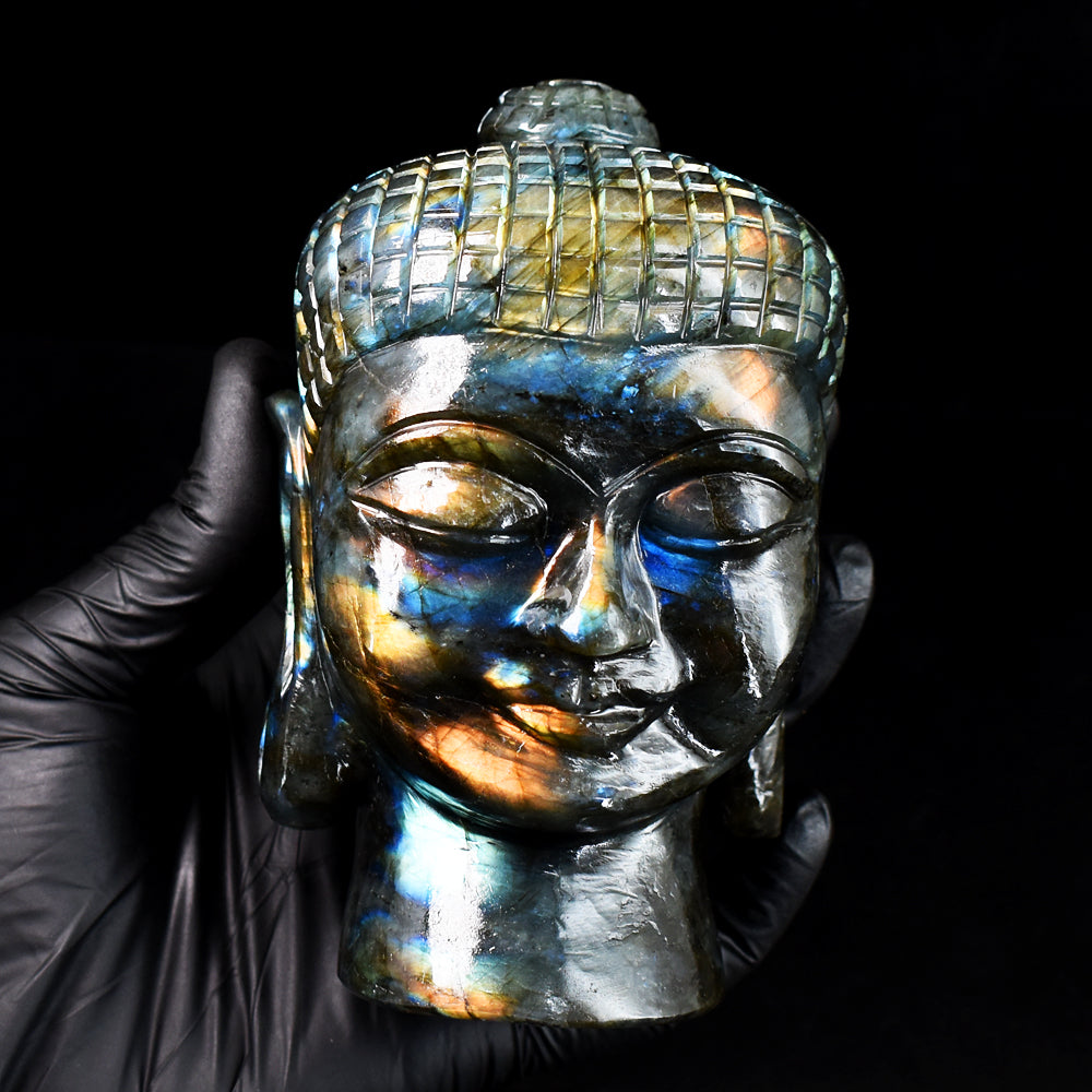Natural 4406.00 Cts Genuine Amazing Flash Labradorite Hand Carved Buddha Head Gemstone Carving