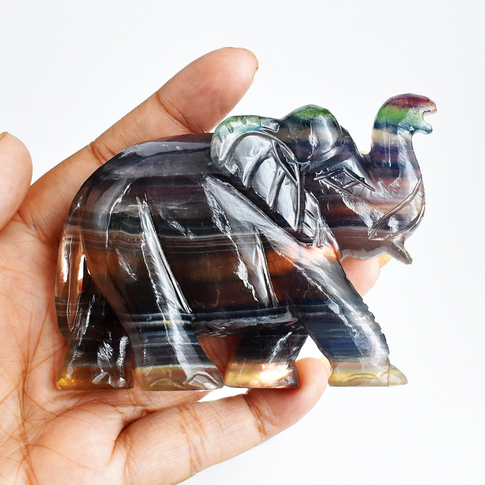 Beautiful 1061.00 Cts Genuine  Multicolor Fluorite Hand Carved Crystal Gemstone Elephant Carving