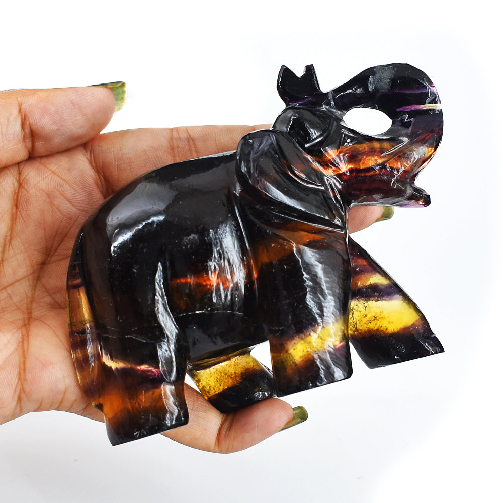 Beautiful  1766.00 Cts Genuine Multicolor Fluorite Hand Carved Crystal Gemstone Carving Elephant