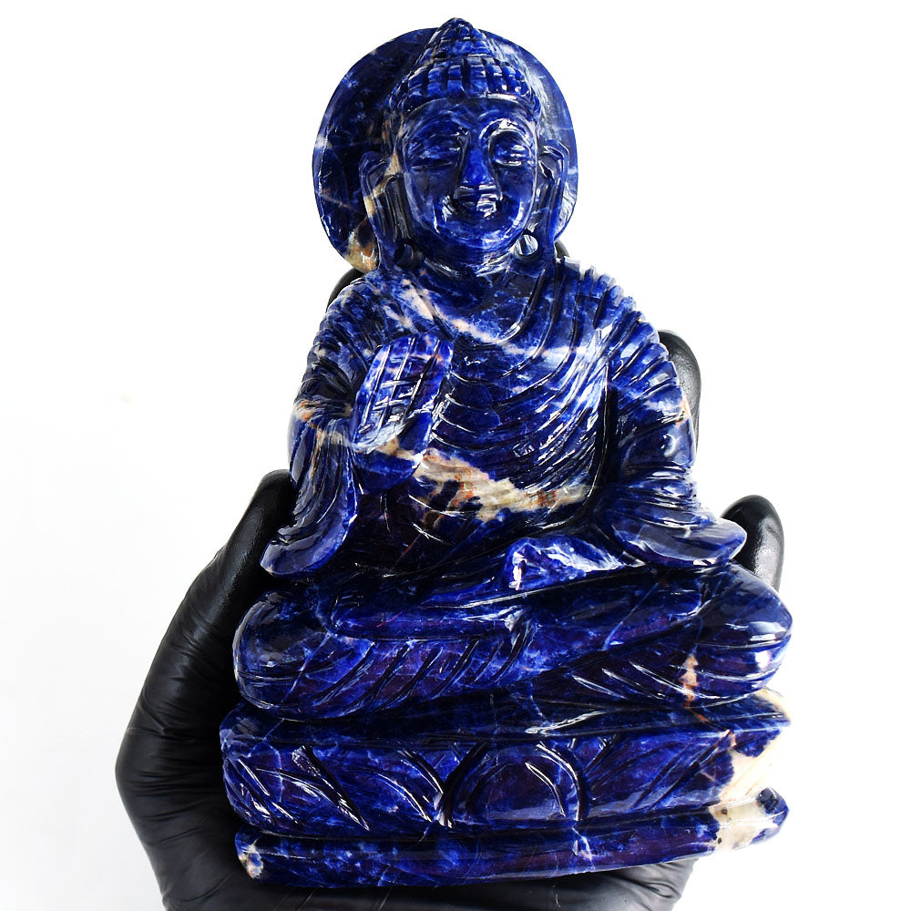 Beautiful 2874.00 Cts Genuine Sodalite Hand Carved Gemstone Crystal Buddha Statue Carving