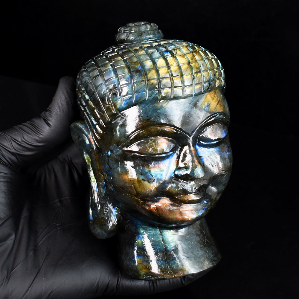 Natural 4406.00 Cts Genuine Amazing Flash Labradorite Hand Carved Buddha Head Gemstone Carving