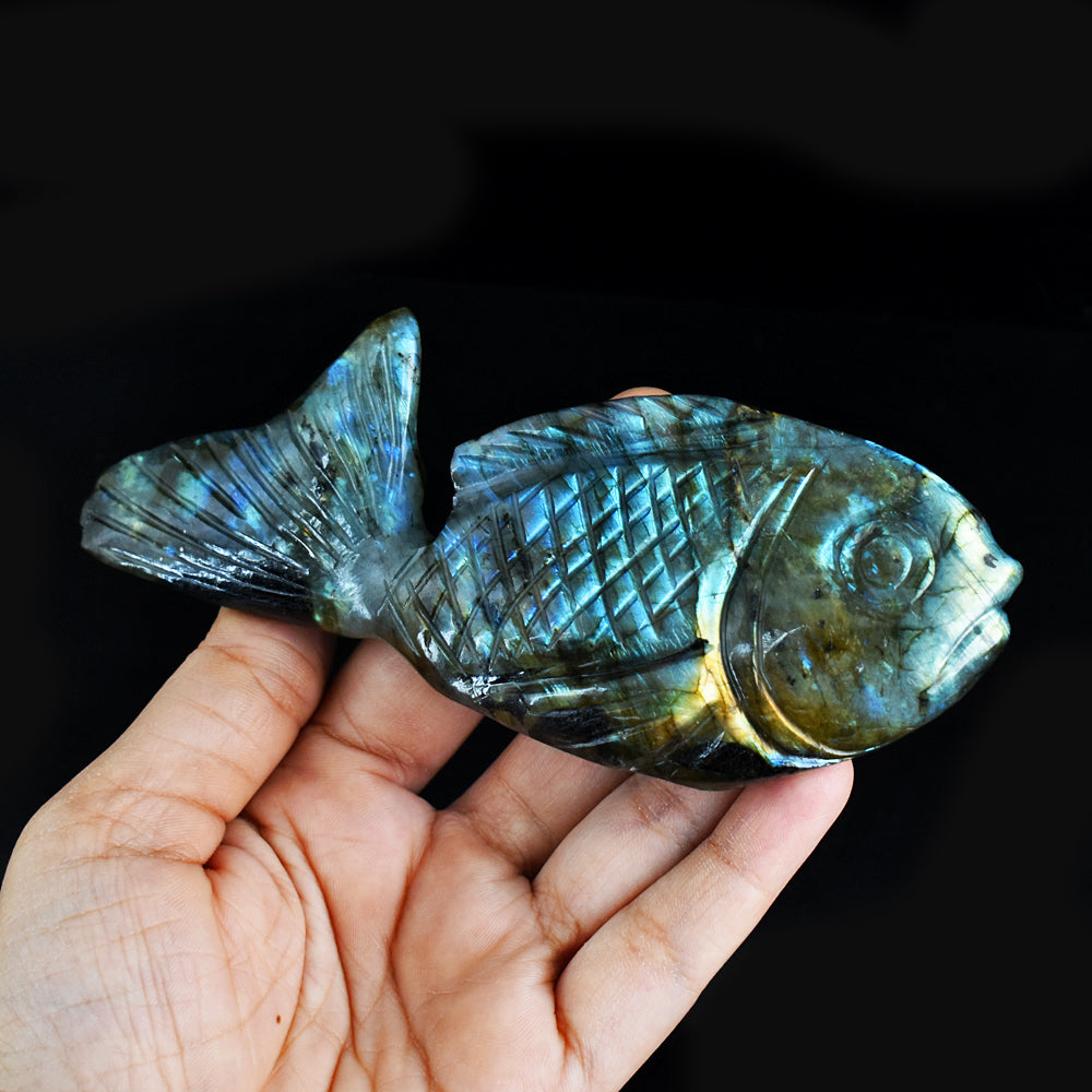 Fabulous 881.00 Carats  Genuine Amazing Flash Labradorite Hand Carved Crystal Gemstone Carving Fish