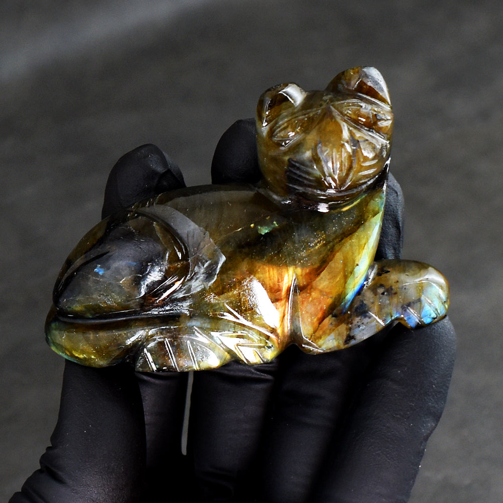 Awesome  438.00 Cts Genuine Amazing Flash Labradorite  Hand Carved Crystal Gemstone Cat Carving