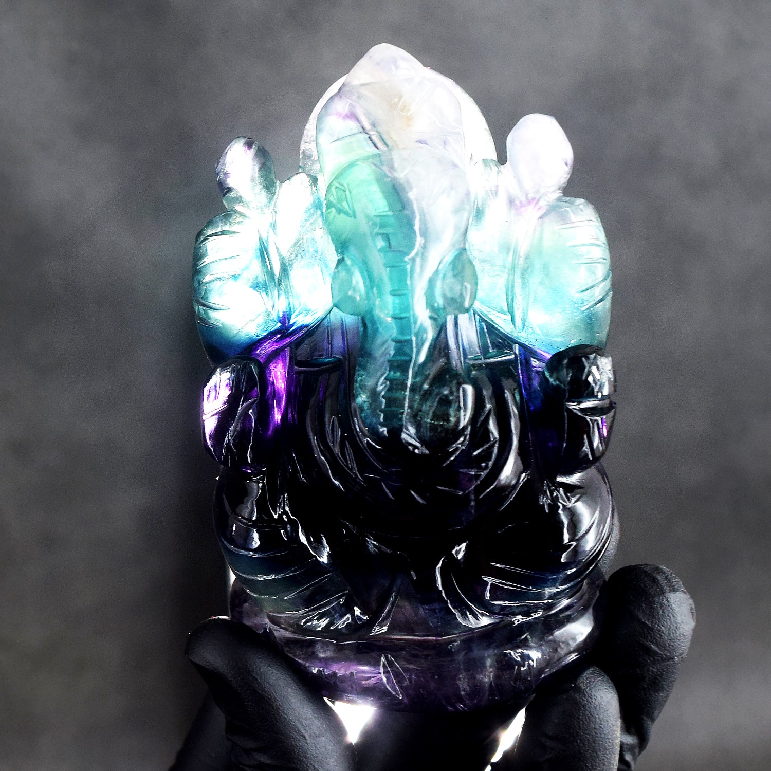 Beautiful 1500.00 Cts Genuine Multicolor Fluorite Hand Carved Premium Lord Ganesha Crystal
