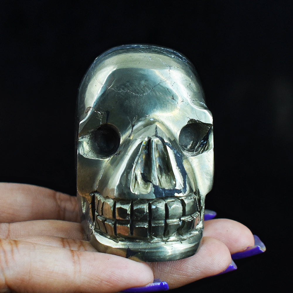 Exclusive  1360.00  Carats Genuine  Golden  Pyrite  Hand  Carved  Skull  Gemstone  Carving