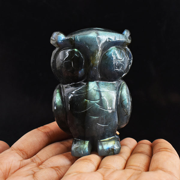 Exlusive 1175.00 Cts  Amazing Flash Labradorite Hand Carved Genuine Crystal Gemstone  Owl Carving