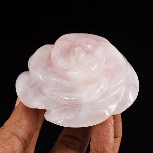 Natural 814.00 Cts  Pink  Rose Quartz Hand  Carved Crystal Rose  Flower Gemstone Carving