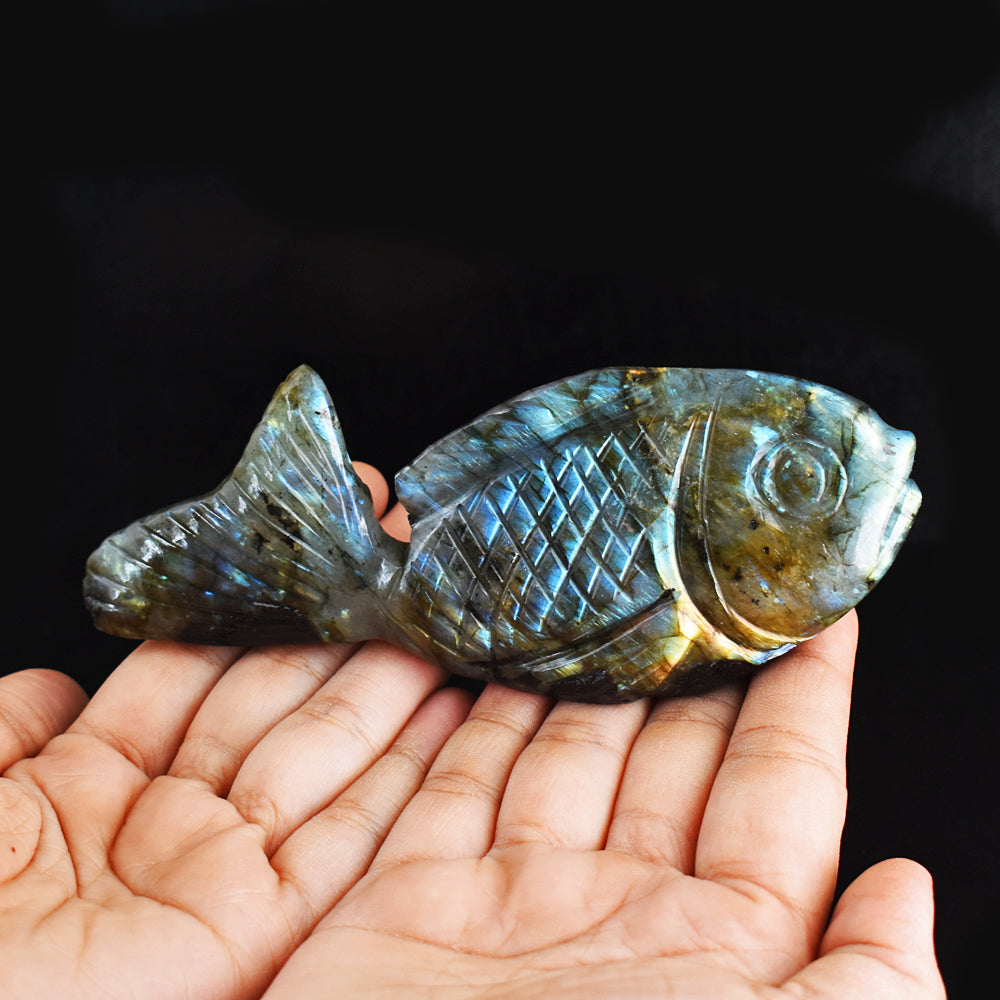 Fabulous 881.00 Carats  Genuine Amazing Flash Labradorite Hand Carved Crystal Gemstone Carving Fish