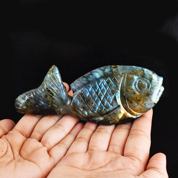 Fabulous 881.00 Carats  Genuine Amazing Flash Labradorite Hand Carved Crystal Gemstone Carving Fish