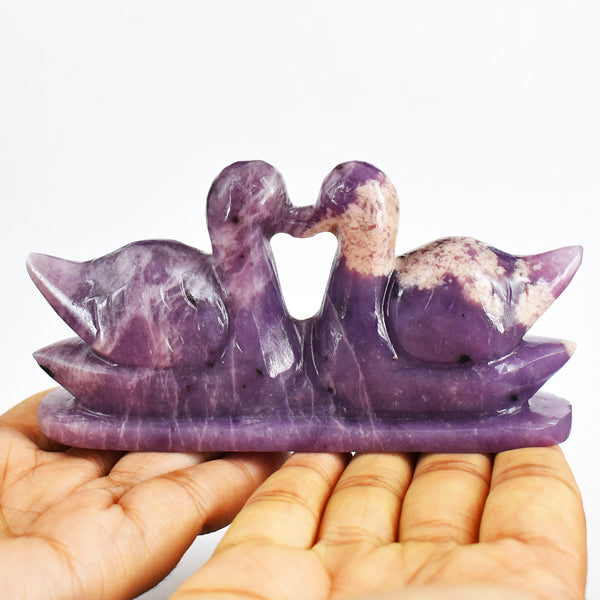 Amazing  949.00 Carats  Genuine Lepidolite  Hand Carved  Crystal Swan Pair Gemstone Carving