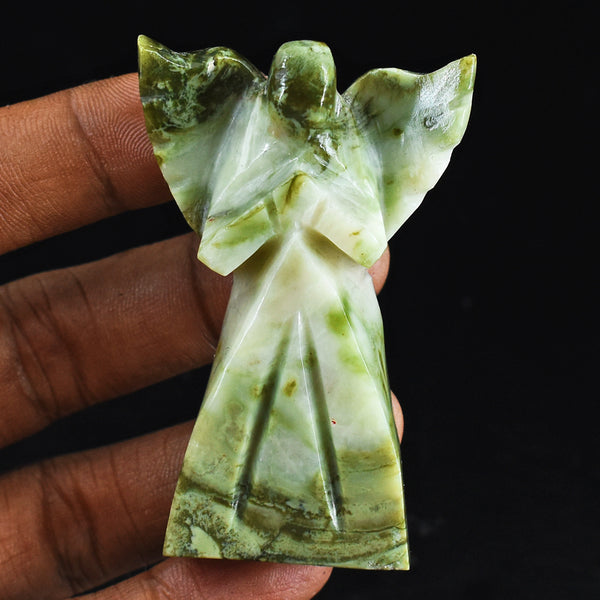 Beautiful 212.00 Carats Genuine Serpentine  Hand Carved Healing Praying Angel Gemstone Carving