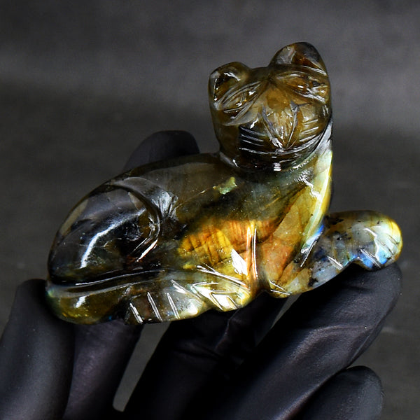 Awesome  438.00 Cts Genuine Amazing Flash Labradorite  Hand Carved Crystal Gemstone Cat Carving