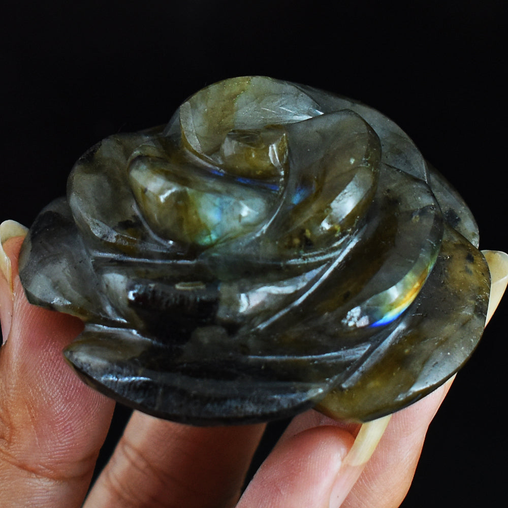 400.00 Carats  Genuine   Blue  Flash  Labradorite  Hand Carved  Gemstone  Rose  Flower  Carving