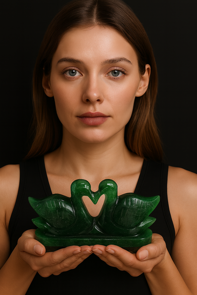 Elegant 684.00 Cts Genuine Green Jade Love Carved Premium Swan Pair