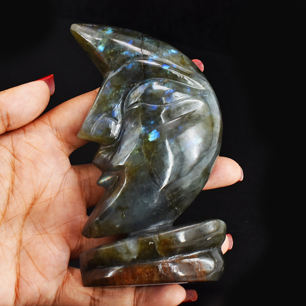 Genuine  1293.00 Carats Blue Flash Labradorite Moon With Stand Hand  Carved  Gemstone Carving